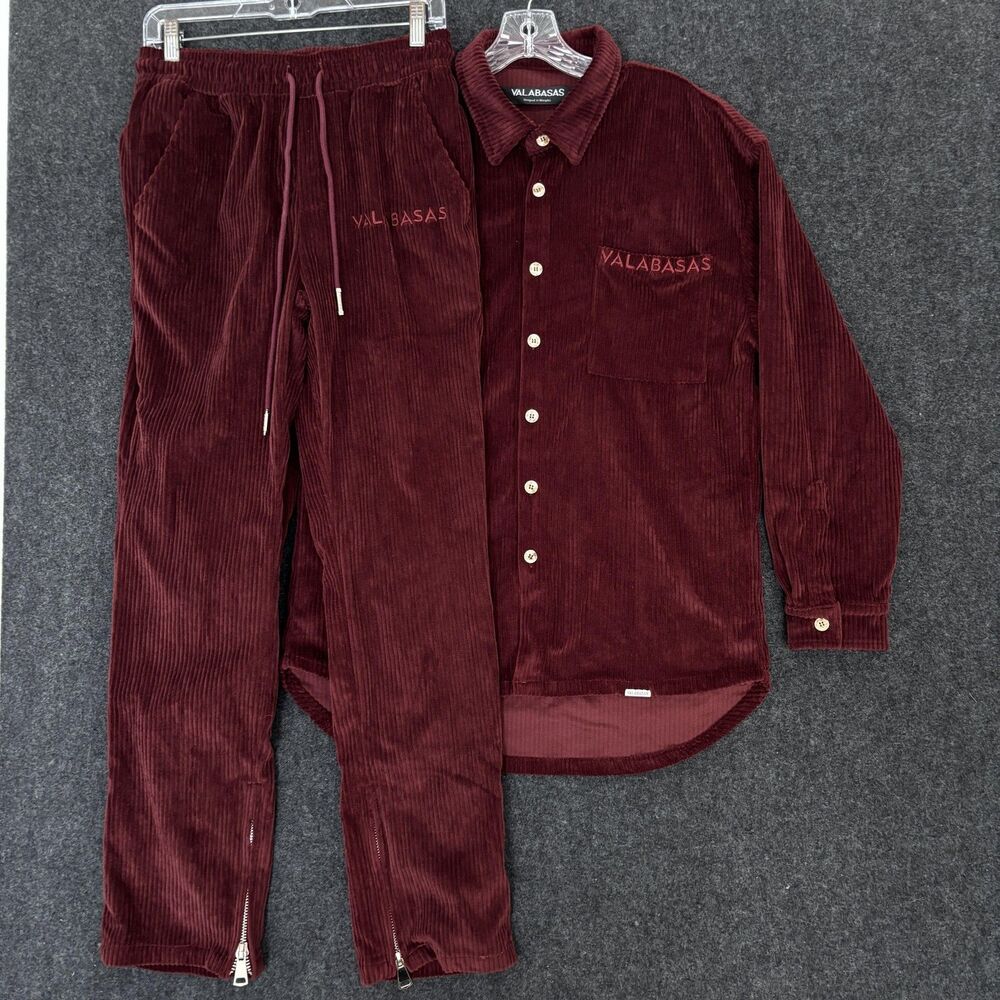 Valabasas Corduroy Shirt Pants Set Men's Medium Burgundy Embroidered Zip Ankles